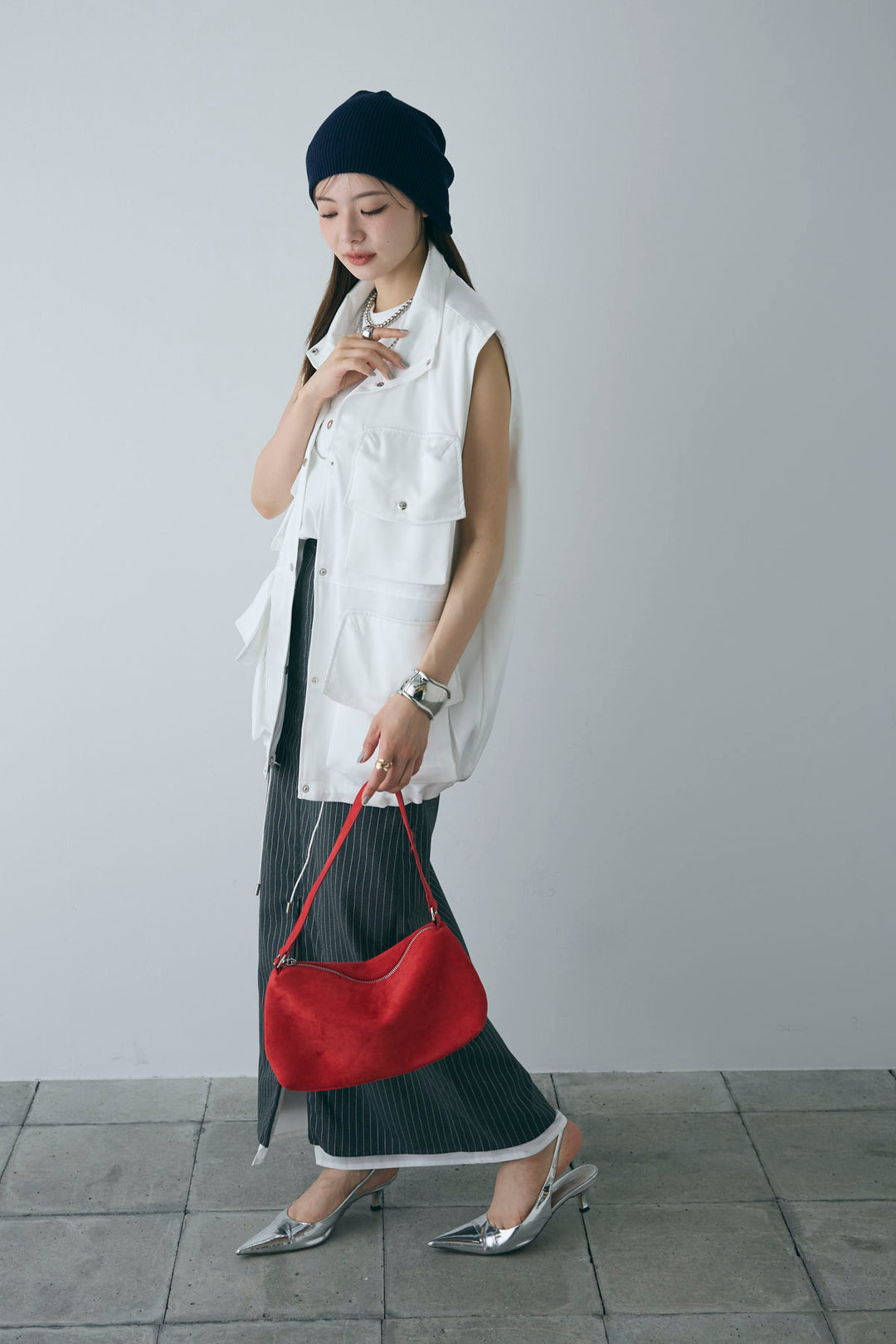 [予約/SET]スタンドネックサテンベスト+ストライプストレートスカート(2set)