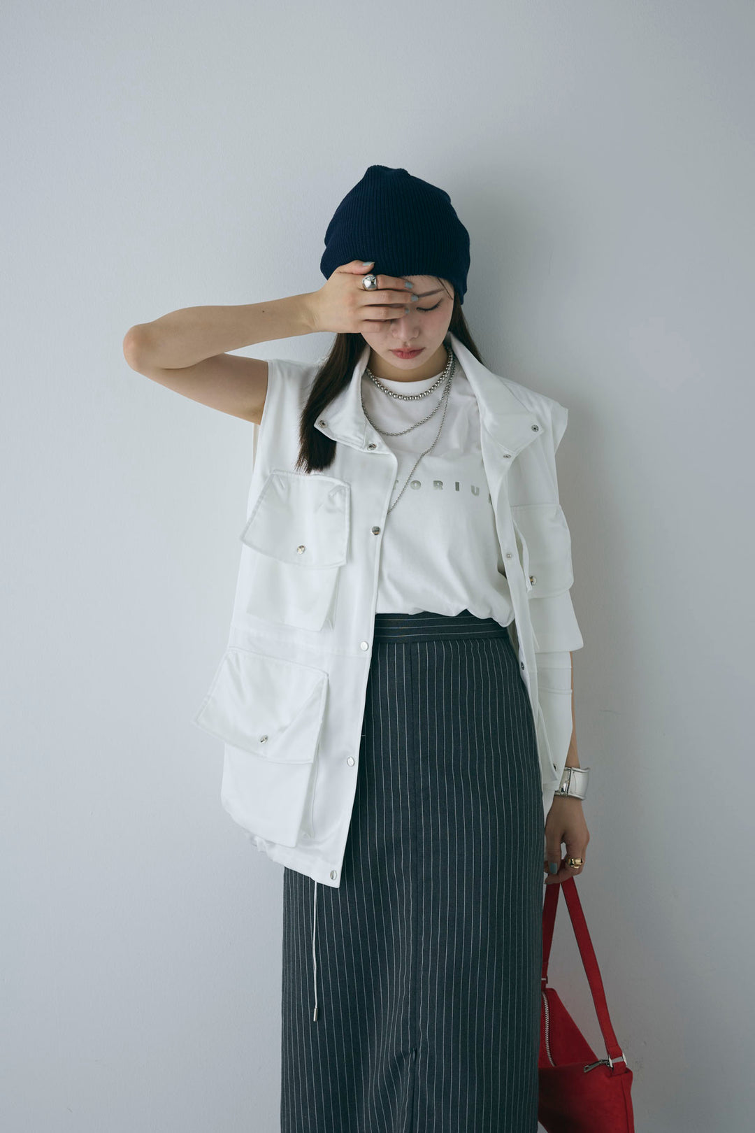 [予約/SET]スタンドネックサテンベスト+ストライプストレートスカート(2set)