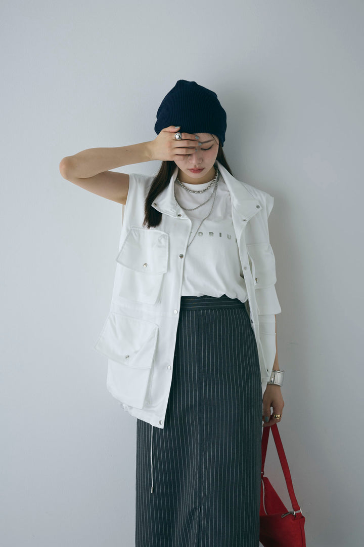 [予約/SET]スタンドネックサテンベスト+ストライプストレートスカート(2set)