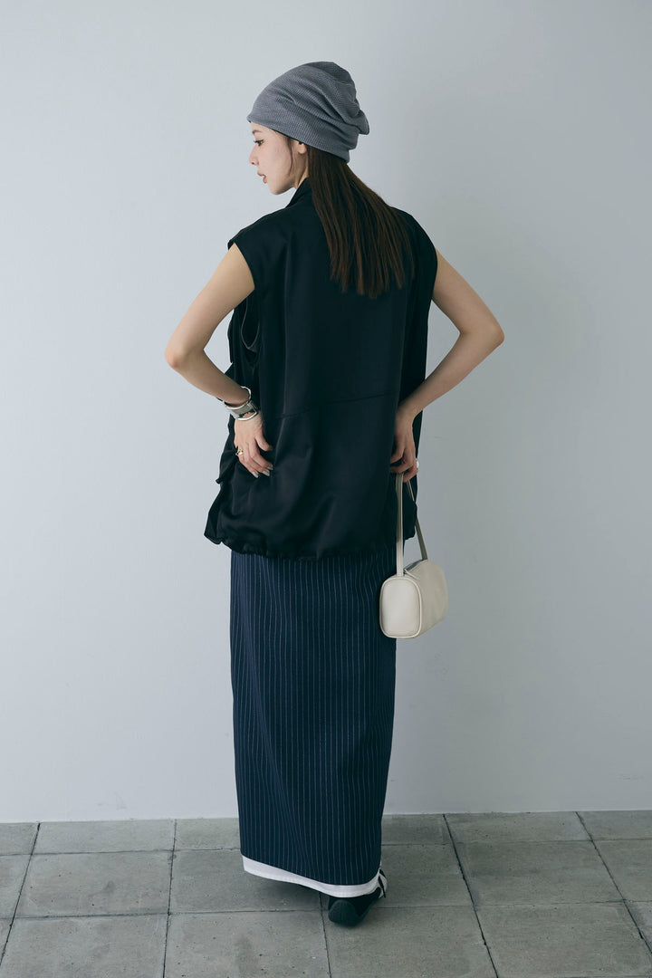 [予約/SET]スタンドネックサテンベスト+ストライプストレートスカート(2set)