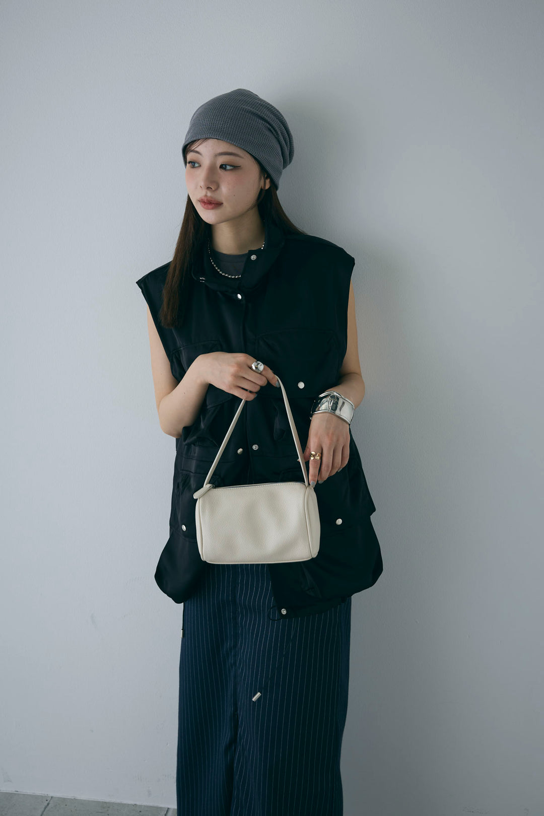 [予約/SET]スタンドネックサテンベスト+ストライプストレートスカート(2set)