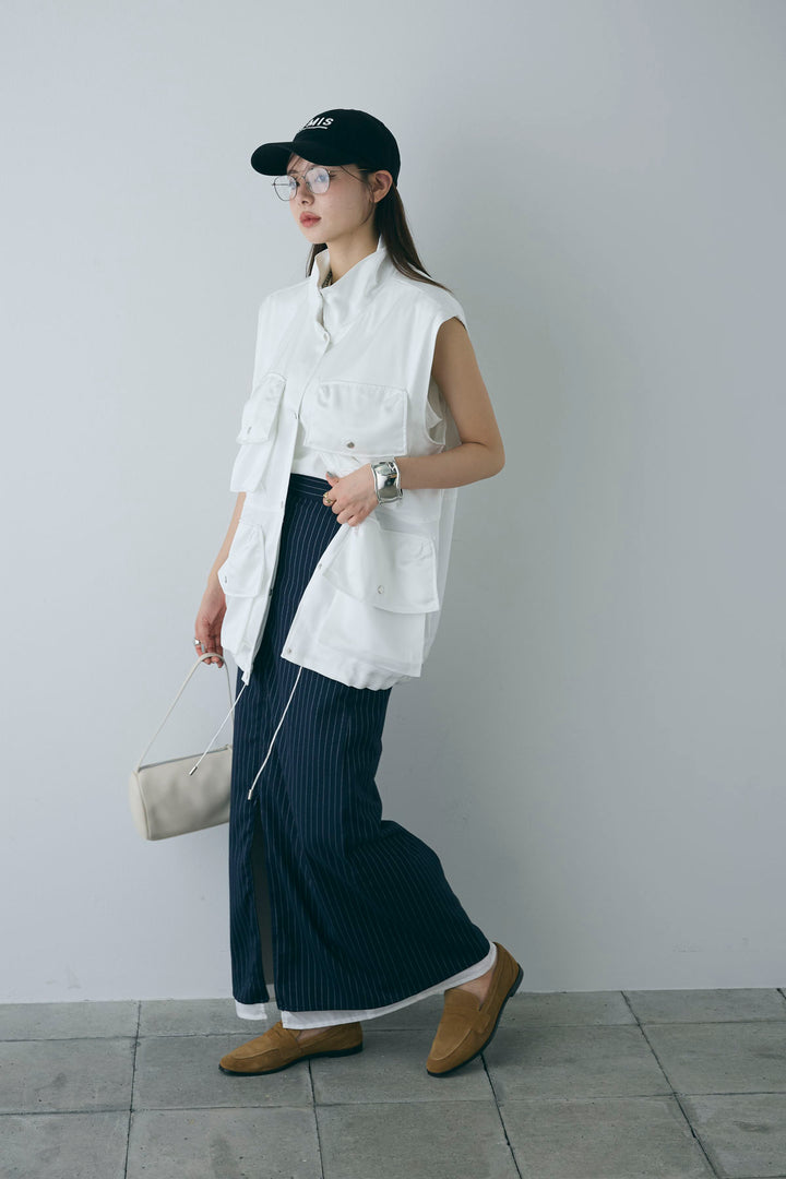 [予約/SET]スタンドネックサテンベスト+コンパクトスムース ミニ箔ロゴプリント+ストライプストレートスカート(3set)