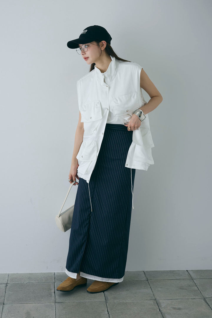 [予約/SET]スタンドネックサテンベスト+ストライプストレートスカート(2set)