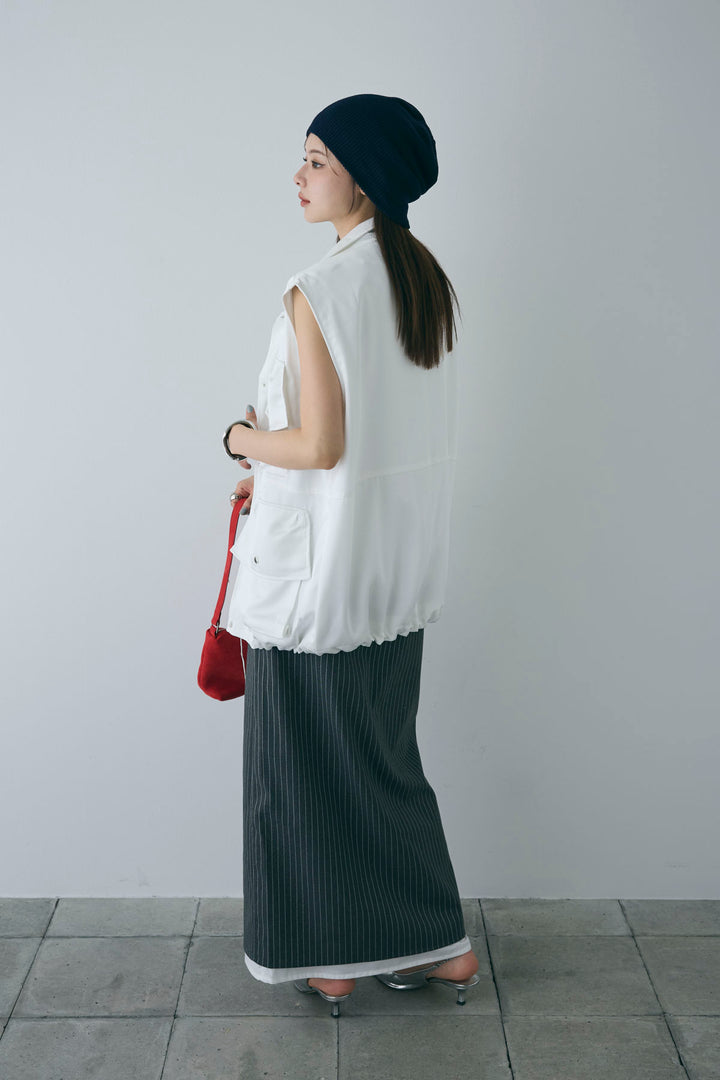 [予約/SET]スタンドネックサテンベスト+ストライプストレートスカート(2set)