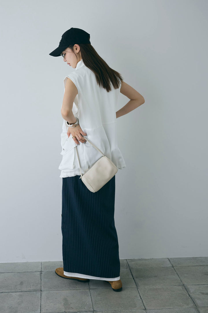 [予約/SET]スタンドネックサテンベスト+ストライプストレートスカート(2set)