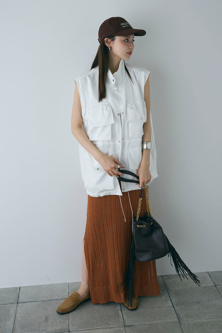 [予約/SET]スタンドネックサテンベスト+すかし編みキャミOP(2set)