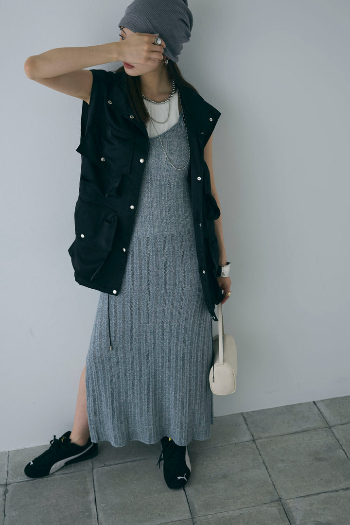 [予約/SET]スタンドネックサテンベスト+すかし編みキャミOP(2set)