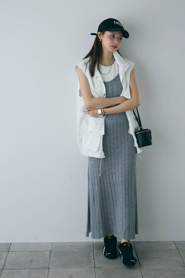 [予約/SET]スタンドネックサテンベスト+すかし編みキャミOP(2set)