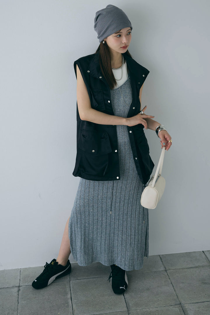 [予約/SET]スタンドネックサテンベスト+すかし編みキャミOP(2set)