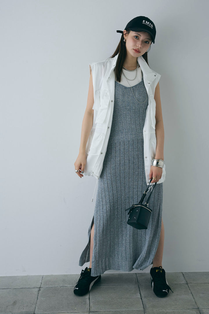 [予約/SET]スタンドネックサテンベスト+すかし編みキャミOP(2set)