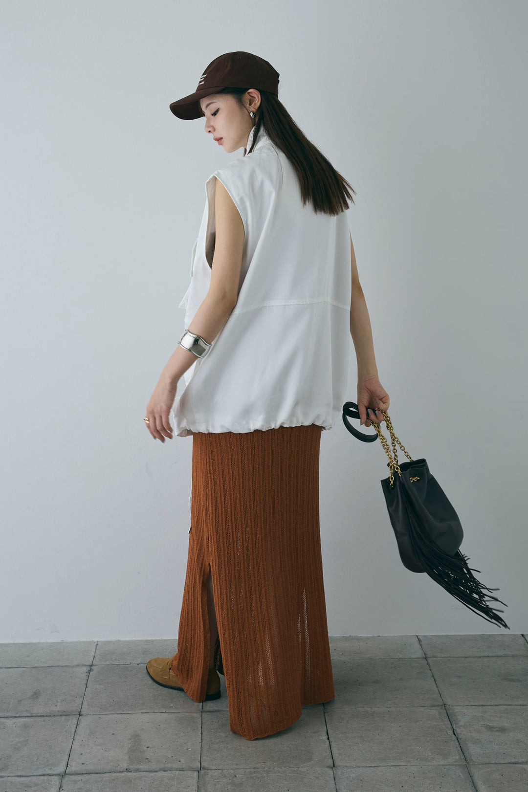 [予約/SET]スタンドネックサテンベスト+すかし編みキャミOP(2set)