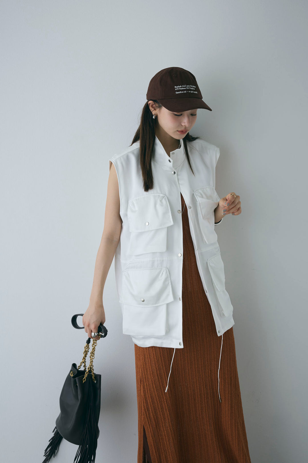 [予約/SET]スタンドネックサテンベスト+すかし編みキャミOP(2set)