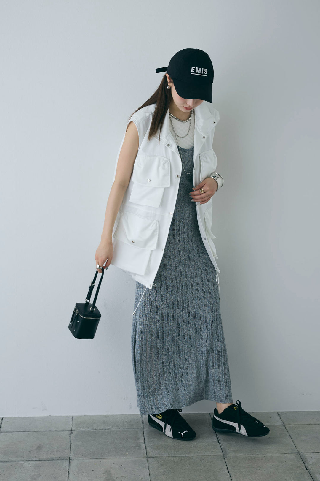 [予約/SET]スタンドネックサテンベスト+すかし編みキャミOP(2set)