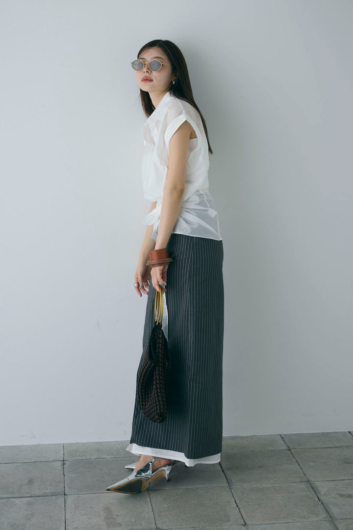 [予約/SET]フロント巻きノースリーブシャツ+ストライプストレートスカート(2set)