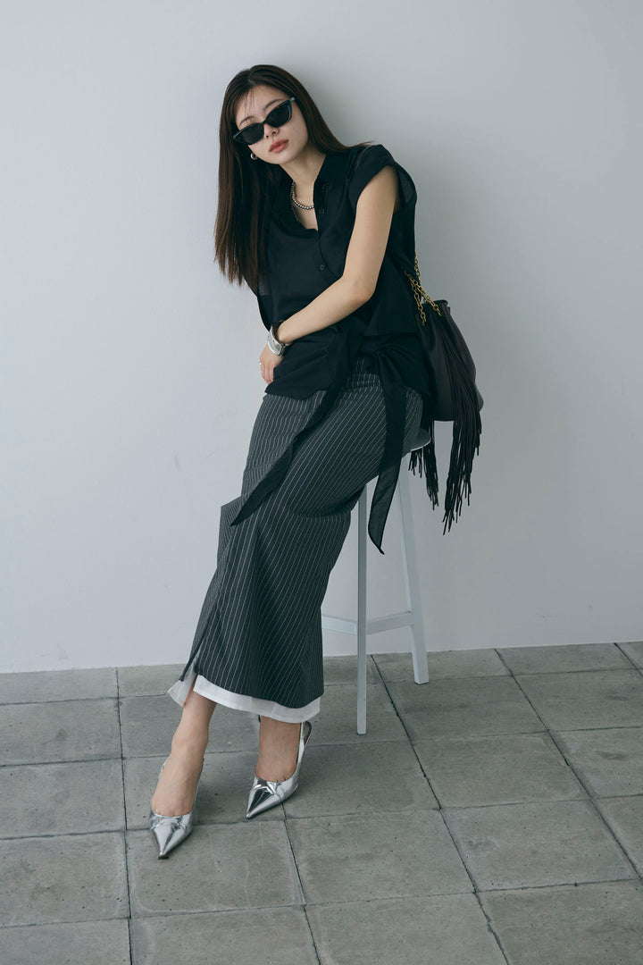 [予約/SET]フロント巻きノースリーブシャツ+ストライプストレートスカート(2set)