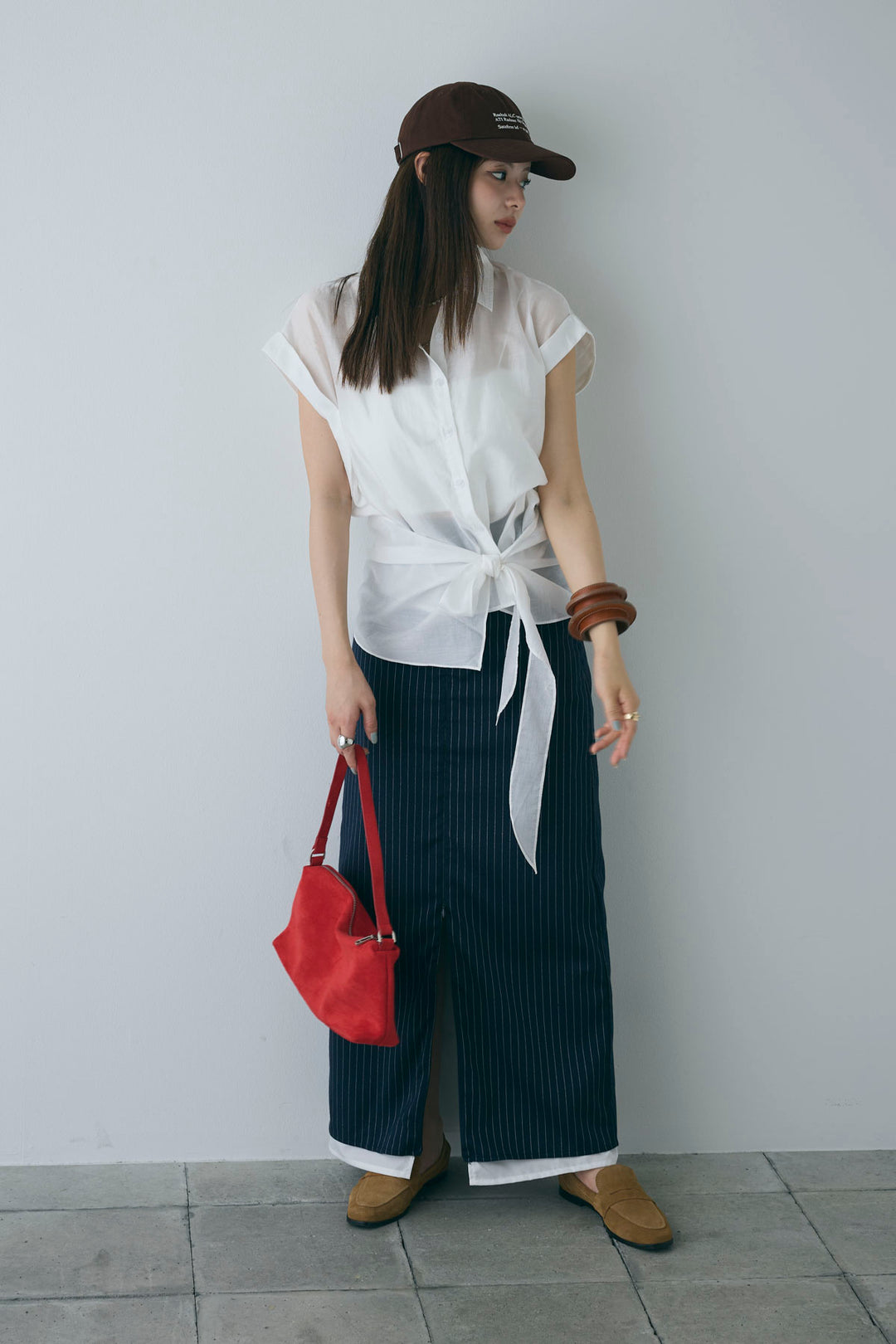 [予約/SET]フロント巻きノースリーブシャツ+ストライプストレートスカート(2set)