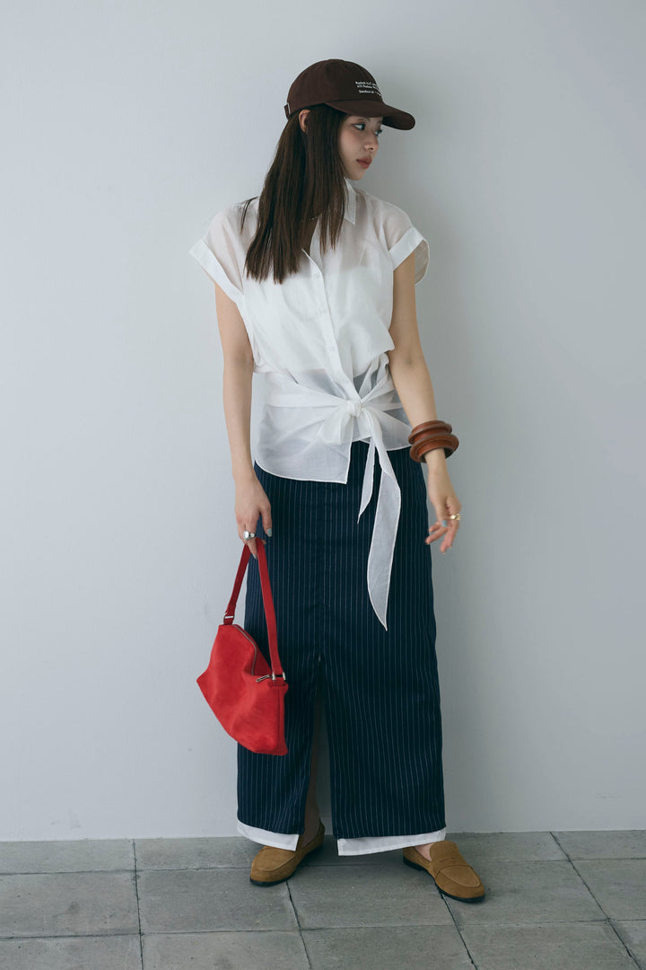 [予約/SET]フロント巻きノースリーブシャツ+ストライプストレートスカート(2set)