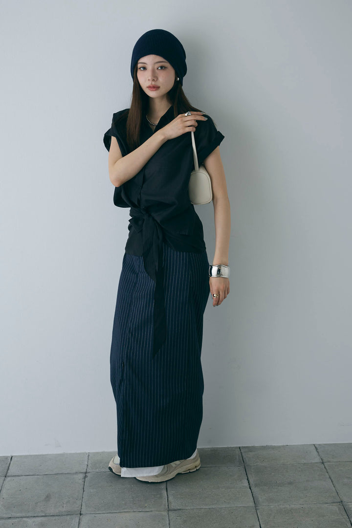 [予約/SET]フロント巻きノースリーブシャツ+ストライプストレートスカート(2set)
