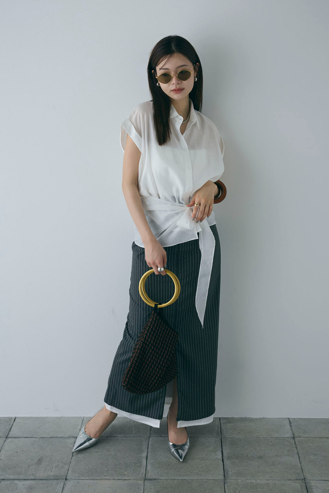 [予約/SET]フロント巻きノースリーブシャツ+ストライプストレートスカート(2set)