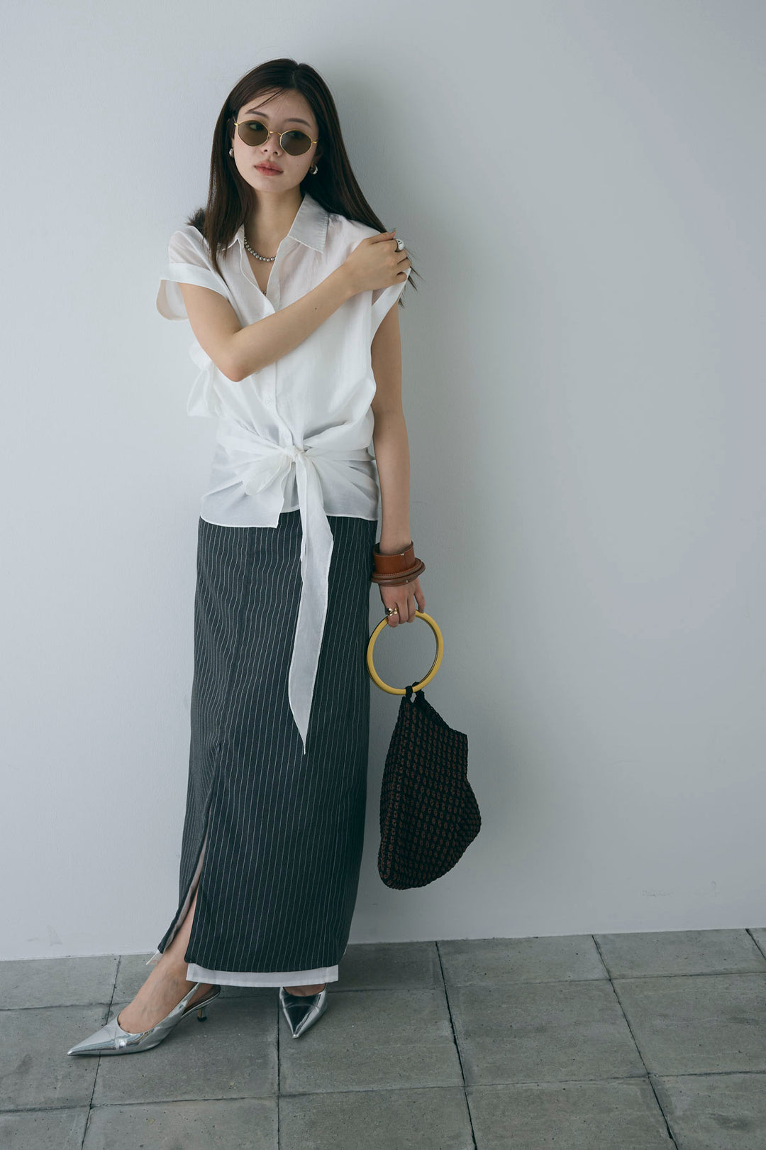 [予約/SET]フロント巻きノースリーブシャツ+ストライプストレートスカート(2set)