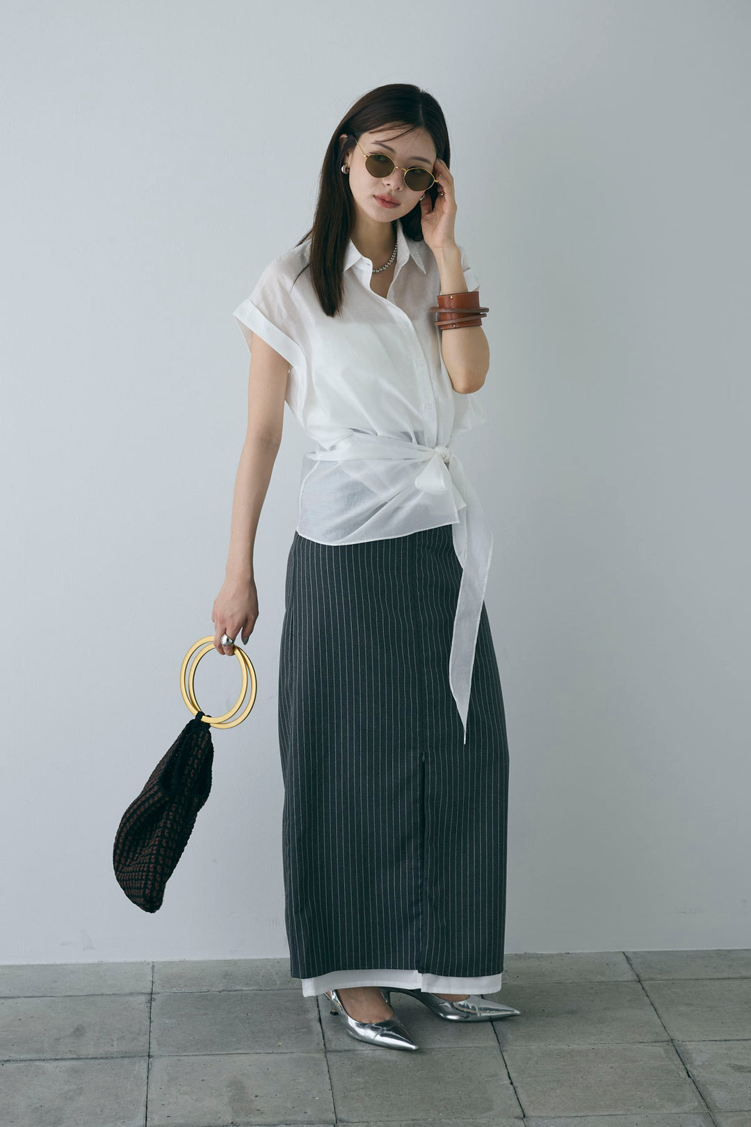 [予約/SET]フロント巻きノースリーブシャツ+ストライプストレートスカート(2set)