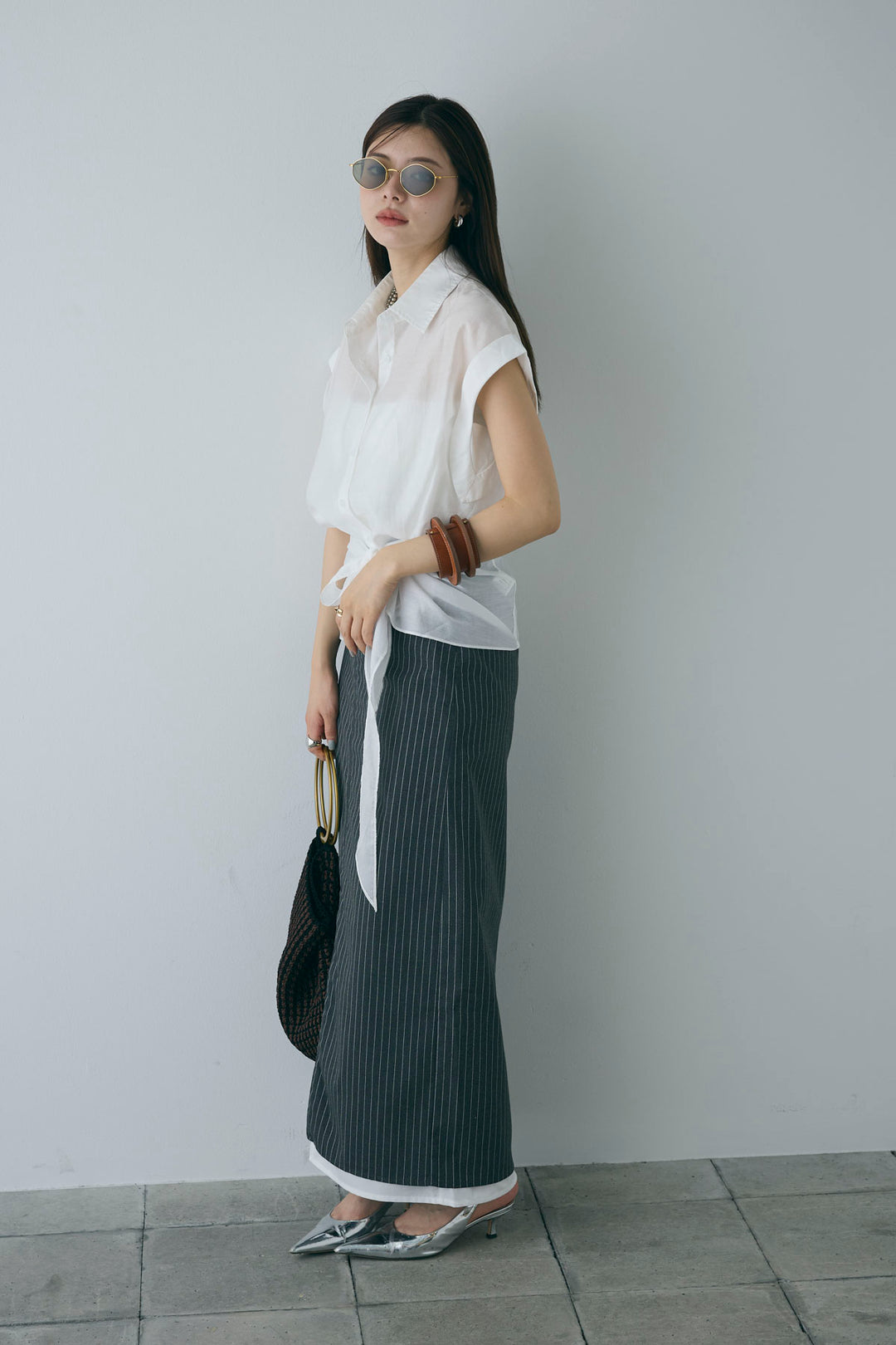 [予約/SET]フロント巻きノースリーブシャツ+ストライプストレートスカート(2set)