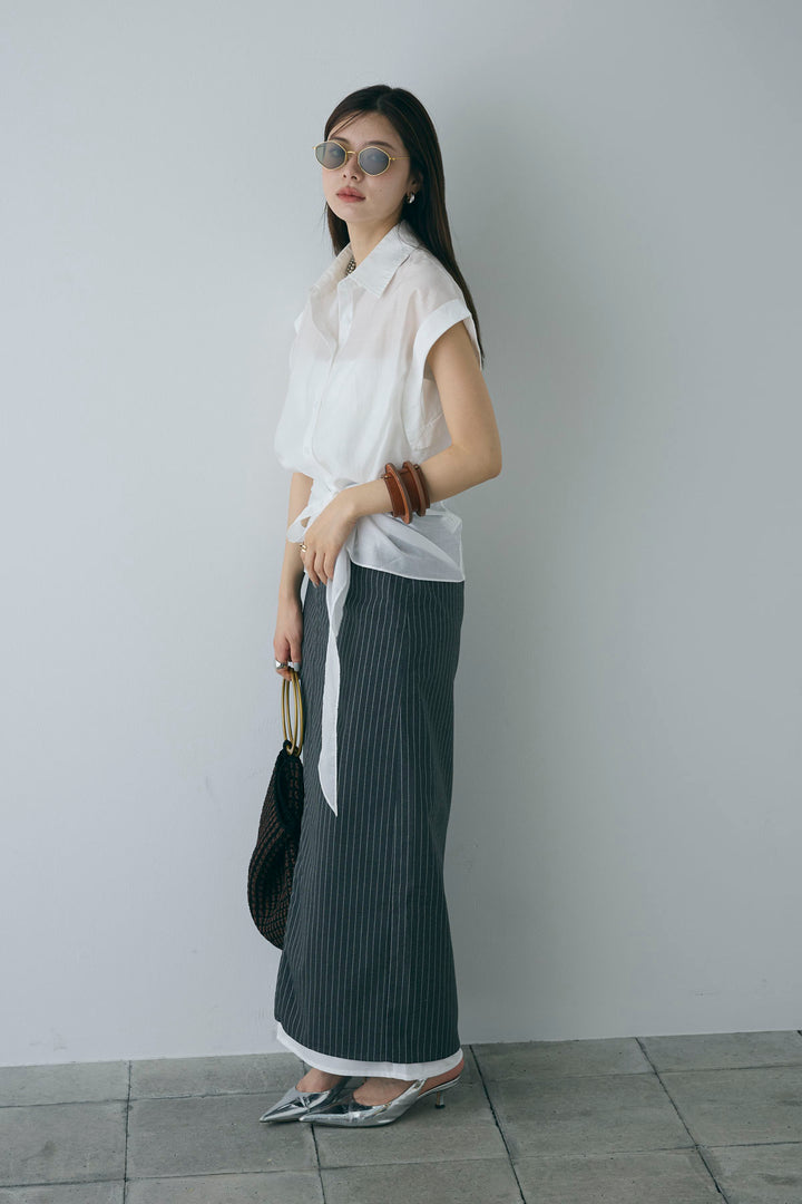 [予約/SET]フロント巻きノースリーブシャツ+ストライプストレートスカート(2set)