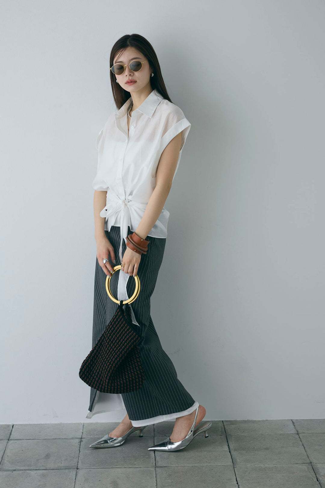 [予約/SET]フロント巻きノースリーブシャツ+ストライプストレートスカート(2set)