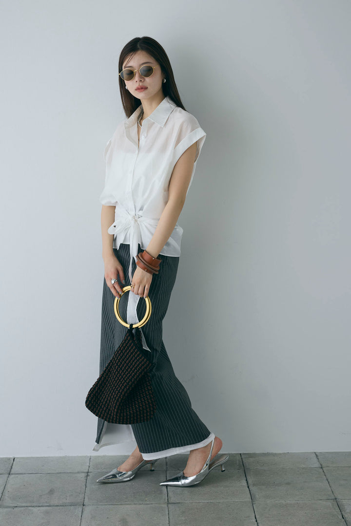 [予約/SET]フロント巻きノースリーブシャツ+ストライプストレートスカート(2set)