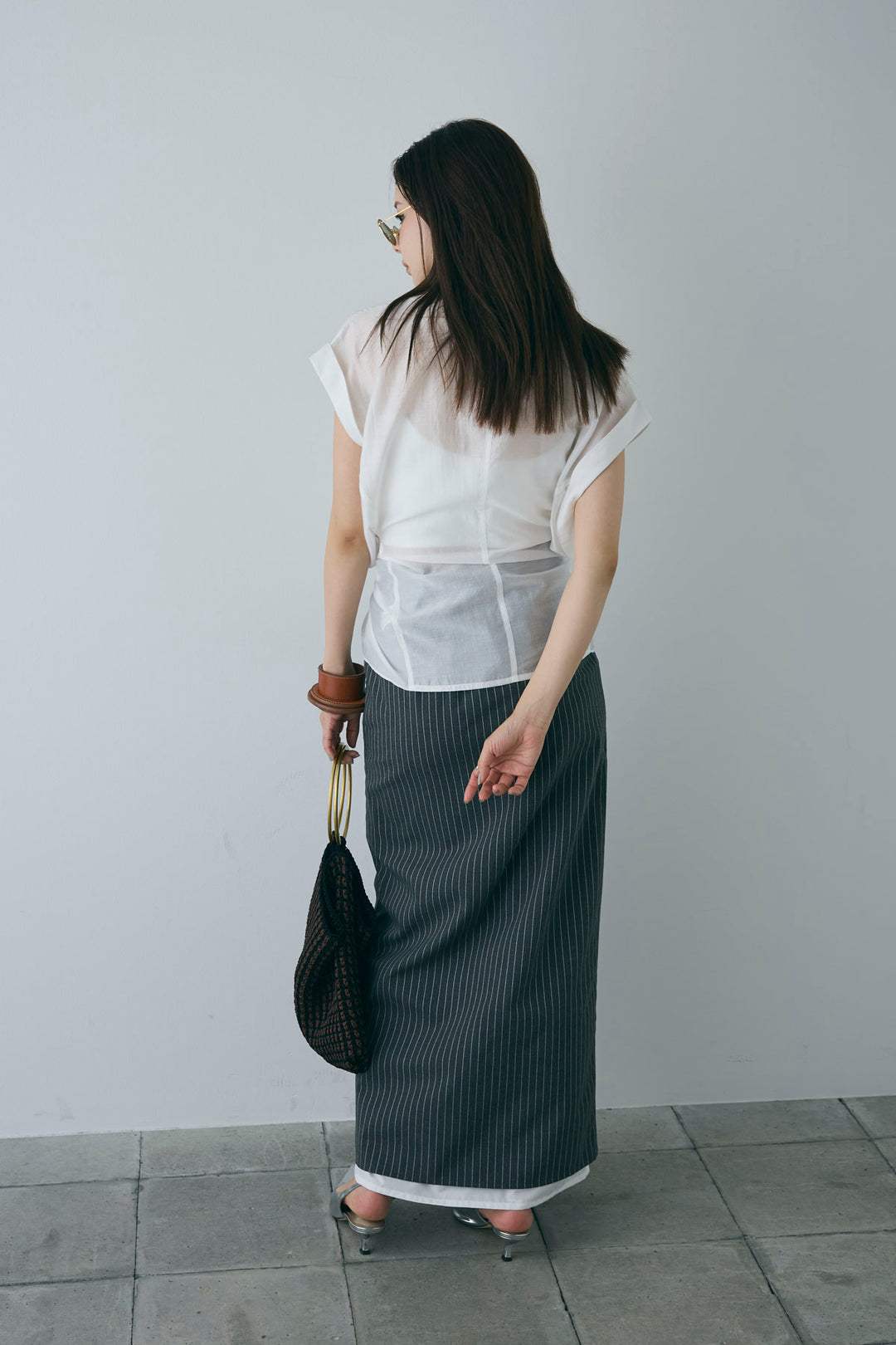 [予約/SET]フロント巻きノースリーブシャツ+ストライプストレートスカート(2set)