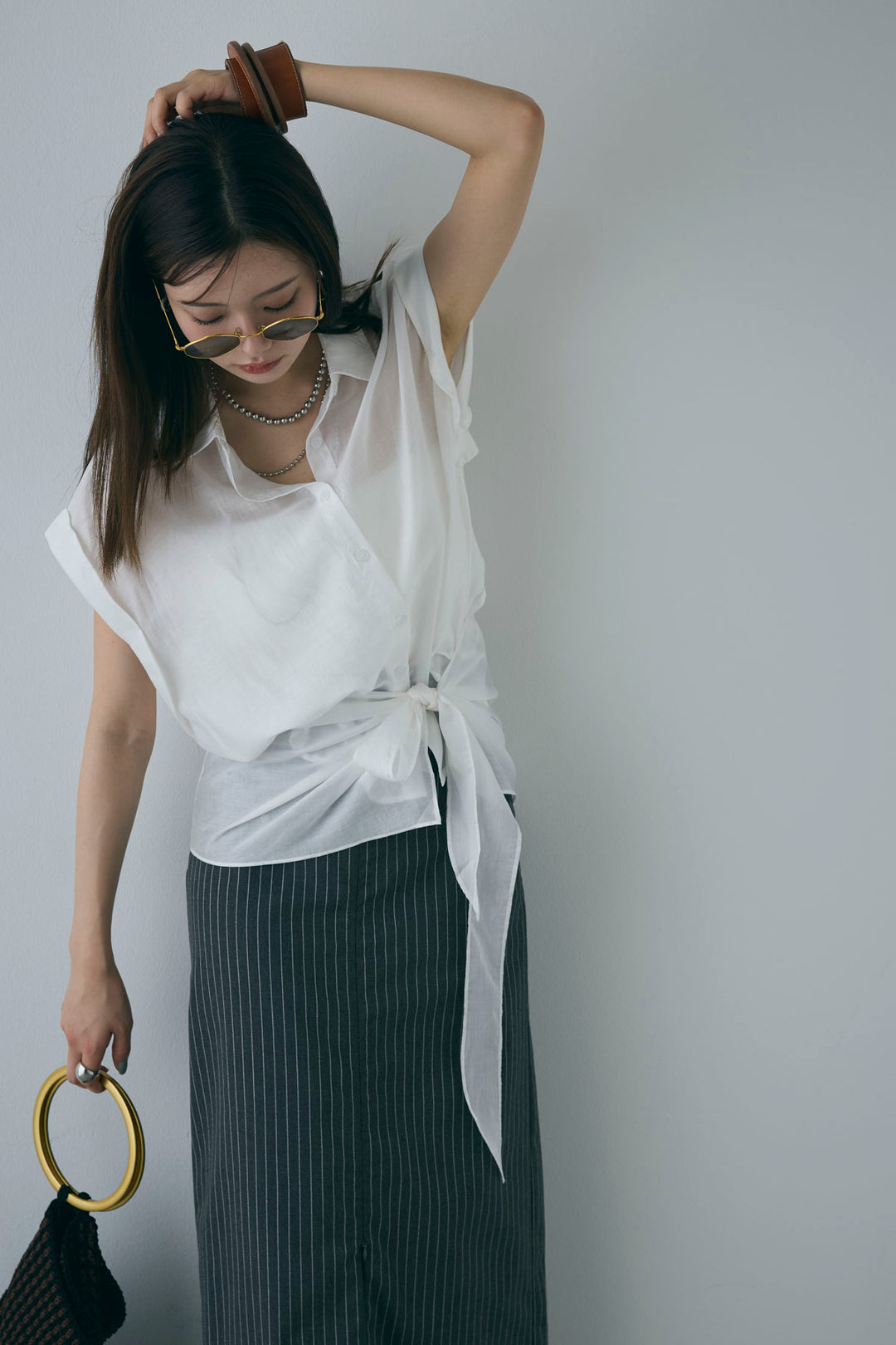 [予約/SET]フロント巻きノースリーブシャツ+ストライプストレートスカート(2set)