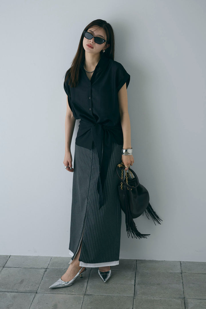 [予約/SET]フロント巻きノースリーブシャツ+ストライプストレートスカート(2set)