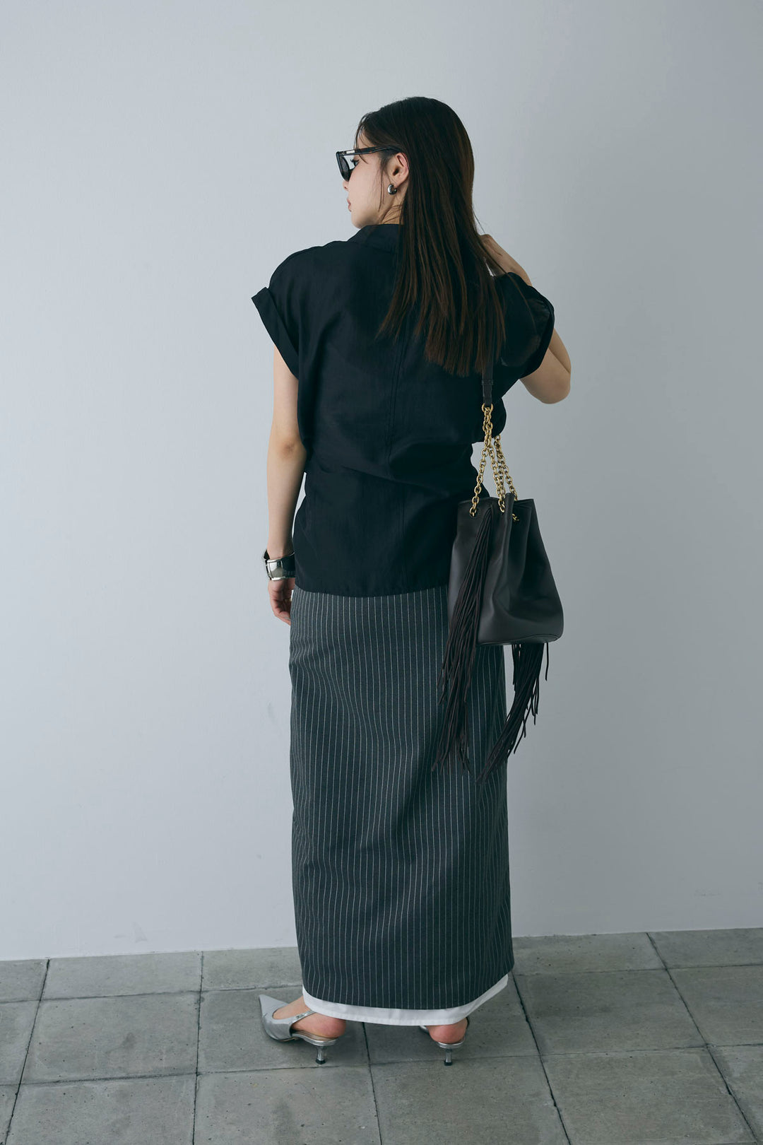 [予約/SET]フロント巻きノースリーブシャツ+ストライプストレートスカート(2set)