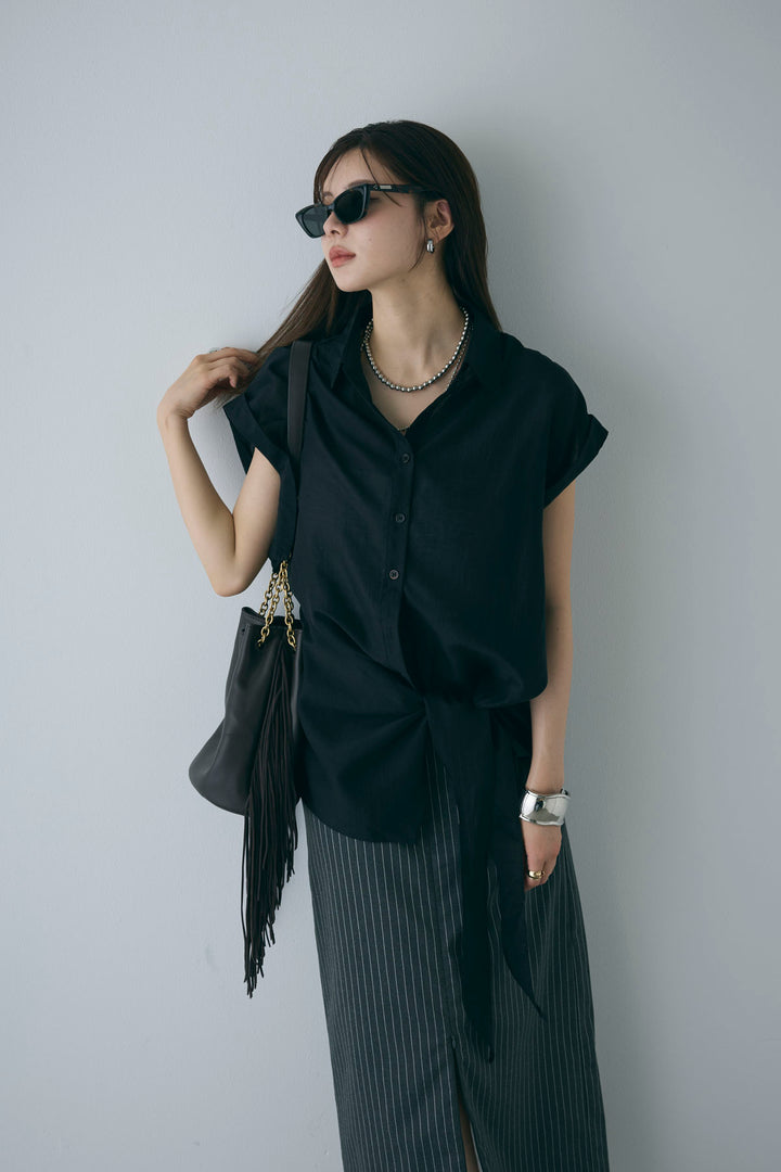 [予約/SET]フロント巻きノースリーブシャツ+ストライプストレートスカート(2set)