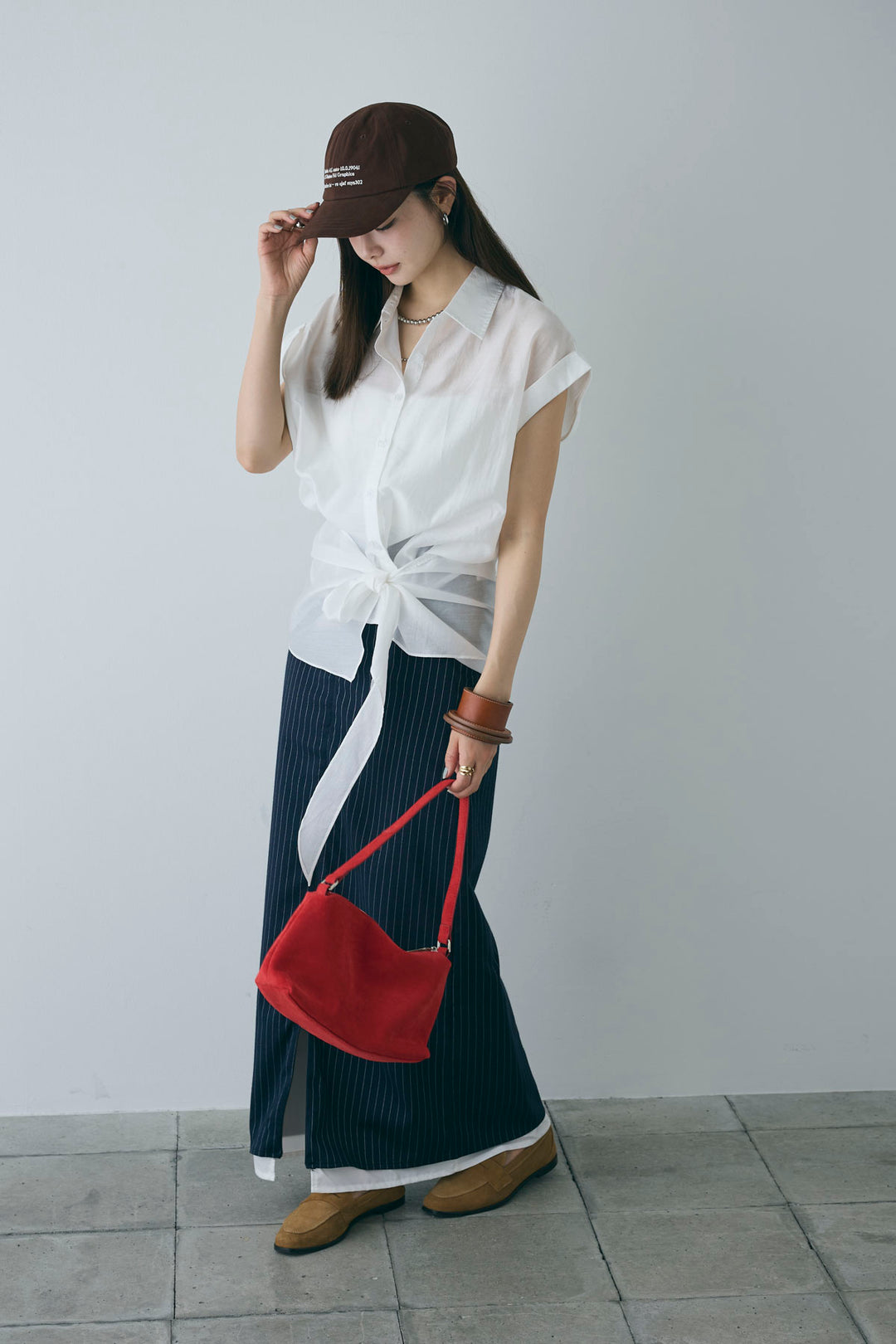 [予約/SET]フロント巻きノースリーブシャツ+ストライプストレートスカート(2set)