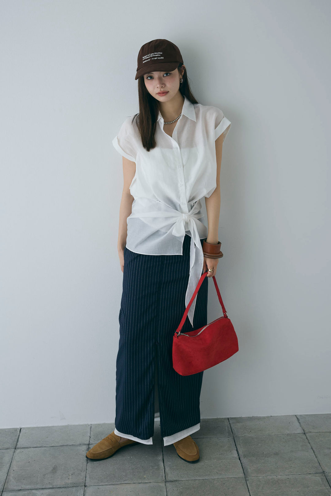 [予約/SET]フロント巻きノースリーブシャツ+ストライプストレートスカート(2set)