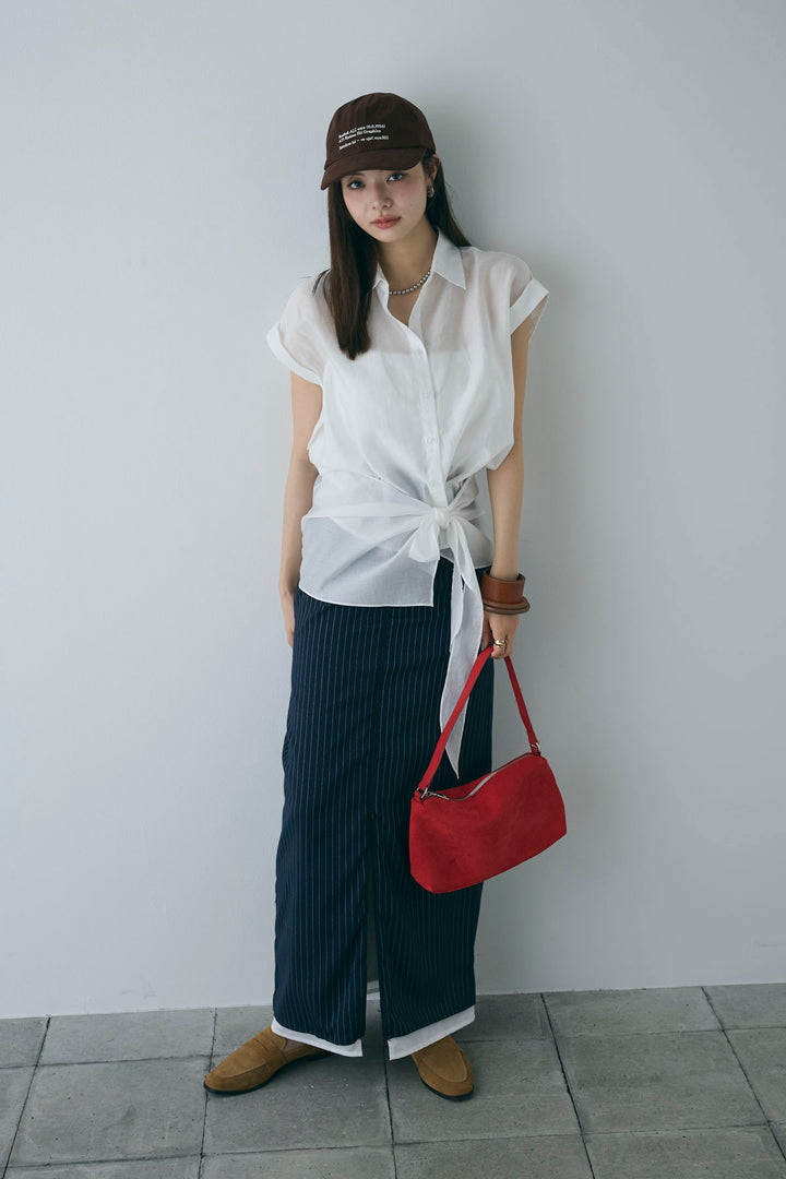 [予約/SET]フロント巻きノースリーブシャツ+ストライプストレートスカート(2set)