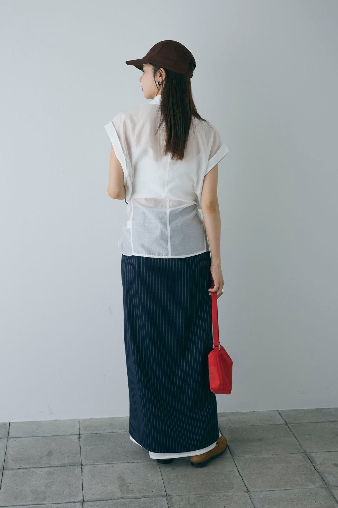 [予約/SET]フロント巻きノースリーブシャツ+ストライプストレートスカート(2set)