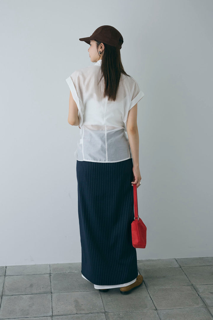 [予約/SET]フロント巻きノースリーブシャツ+ストライプストレートスカート(2set)