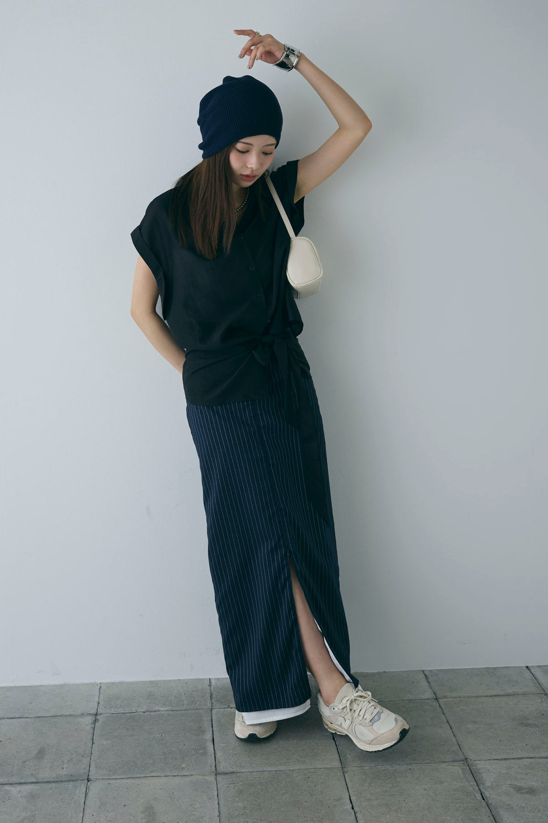 [予約/SET]フロント巻きノースリーブシャツ+ストライプストレートスカート(2set)