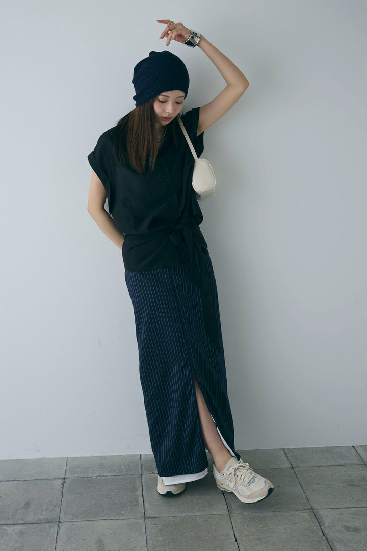[予約/SET]フロント巻きノースリーブシャツ+ストライプストレートスカート(2set)