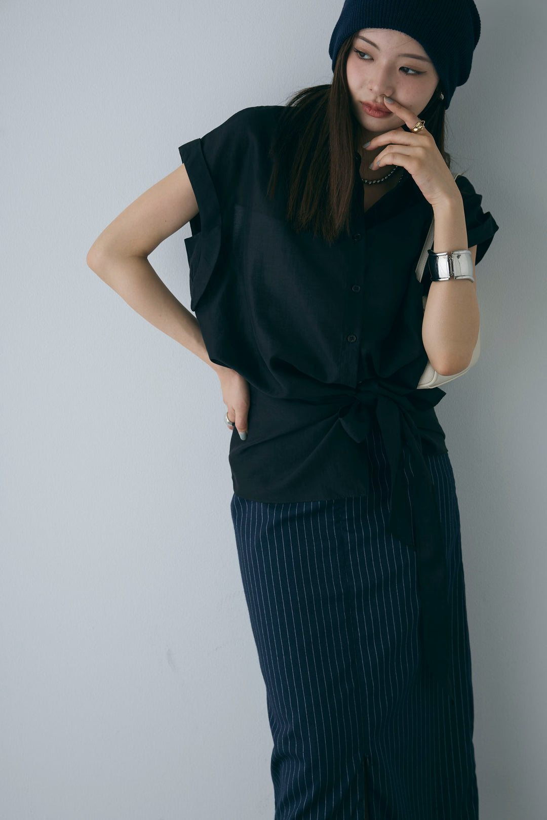 [予約/SET]フロント巻きノースリーブシャツ+ストライプストレートスカート(2set)