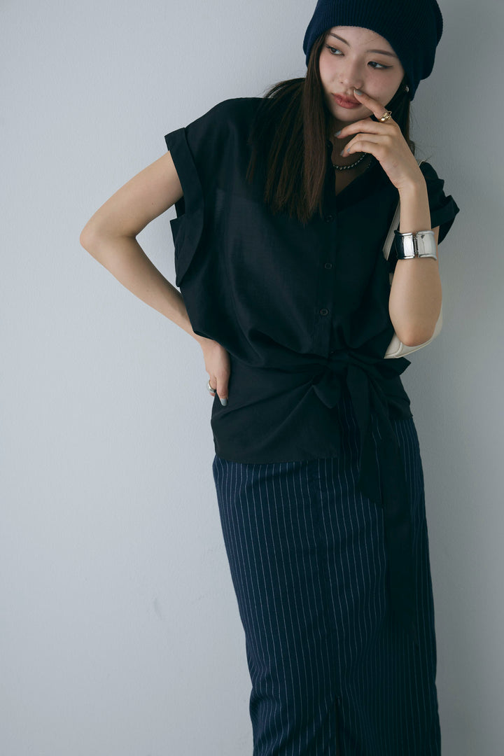 [予約/SET]フロント巻きノースリーブシャツ+ストライプストレートスカート(2set)