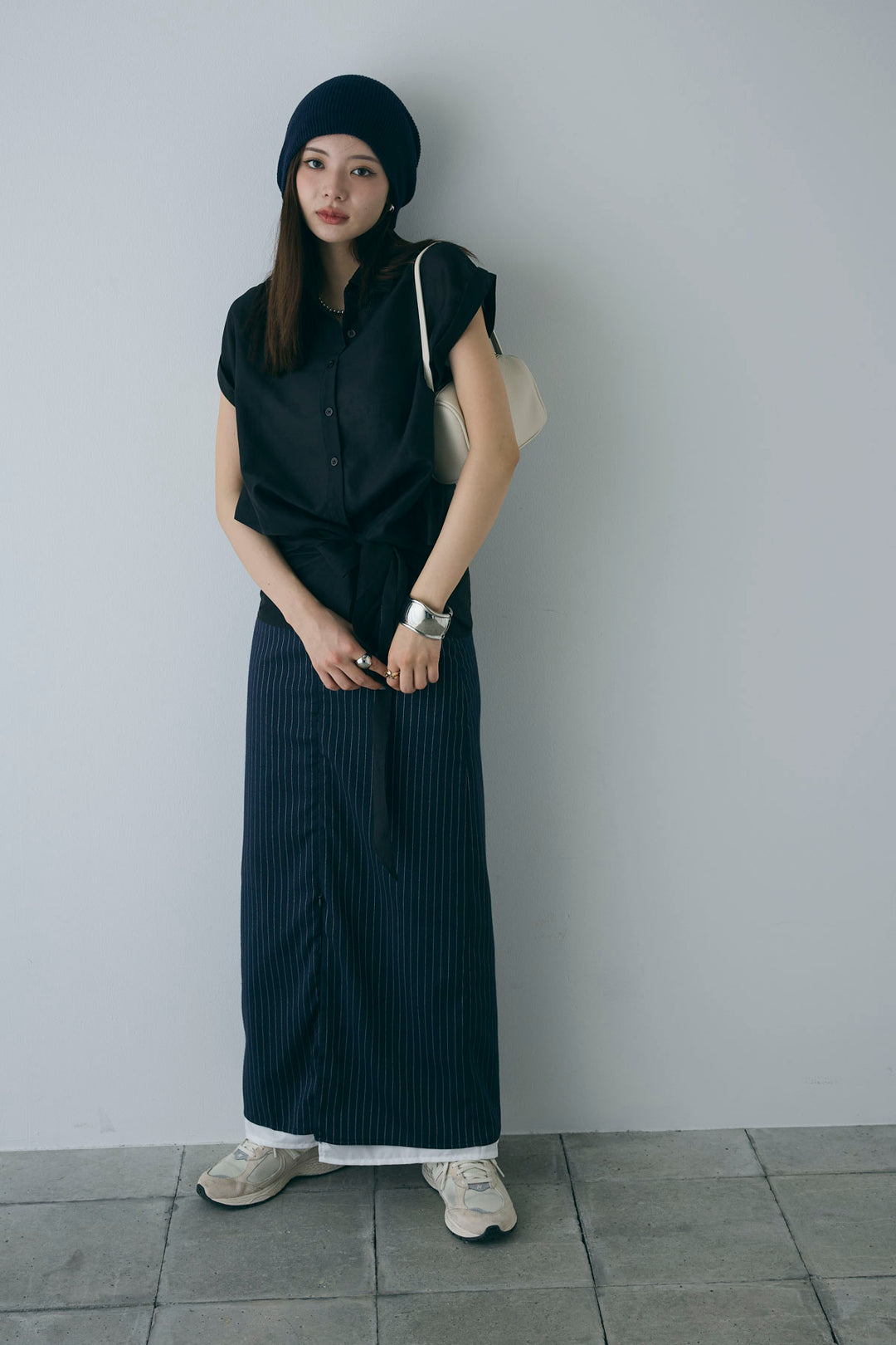 [予約/SET]フロント巻きノースリーブシャツ+ストライプストレートスカート(2set)