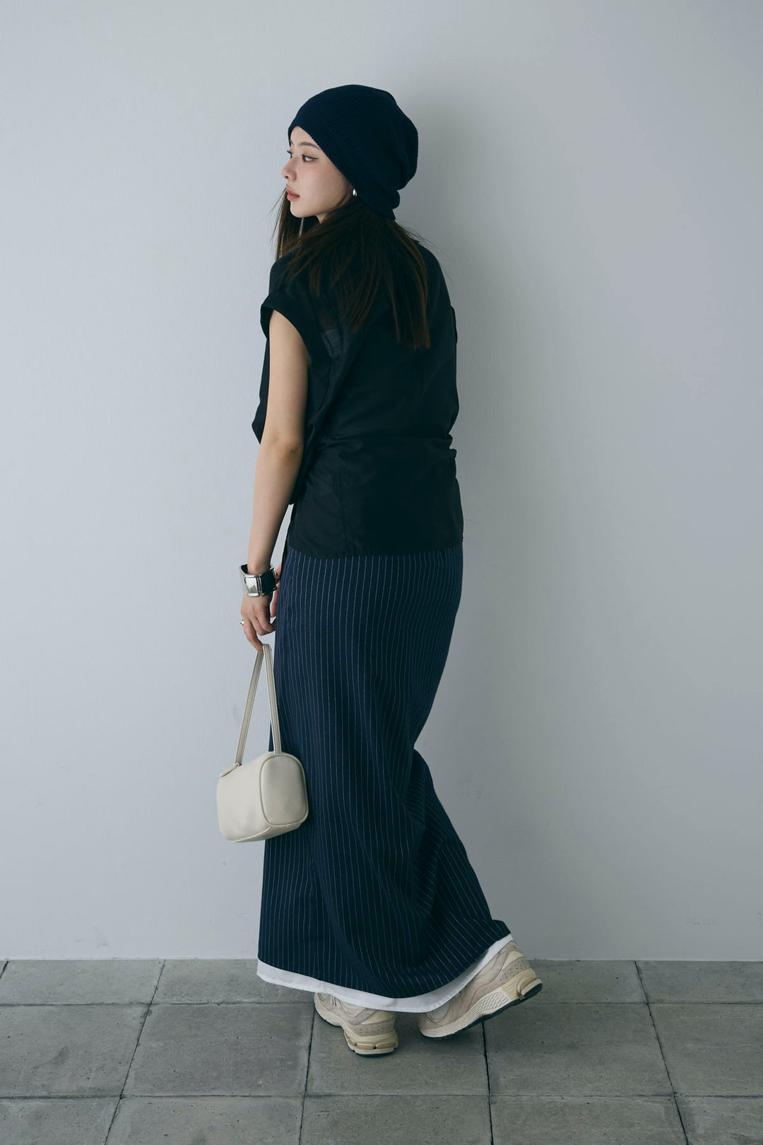 [予約/SET]フロント巻きノースリーブシャツ+ストライプストレートスカート(2set)