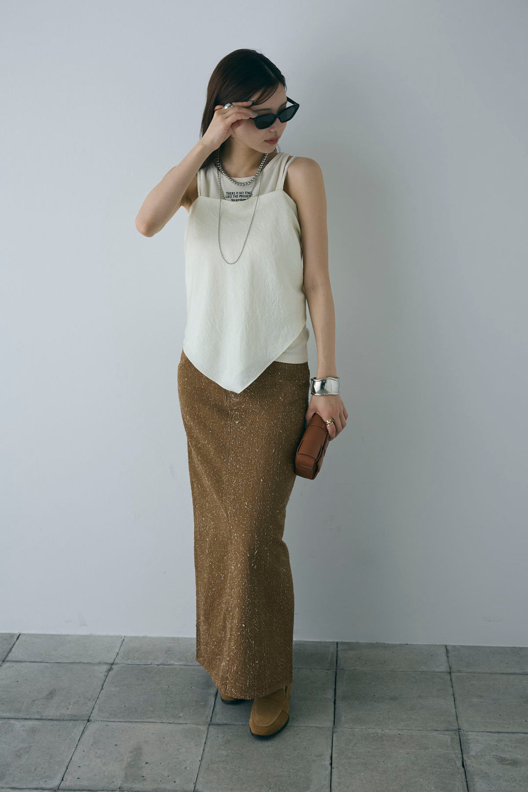 [予約/SET]リブロゴタンク+スカーフ風バックリボンキャミソール+ネップツイルストレートスカート(3set)