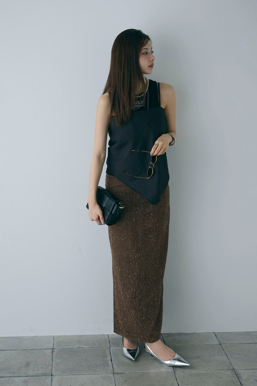 [予約/SET]リブロゴタンク+スカーフ風バックリボンキャミソール+ネップツイルストレートスカート(3set)