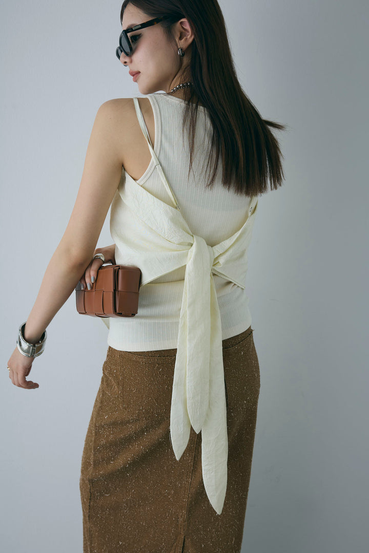 [予約/SET]リブロゴタンク+スカーフ風バックリボンキャミソール+ネップツイルストレートスカート(3set)