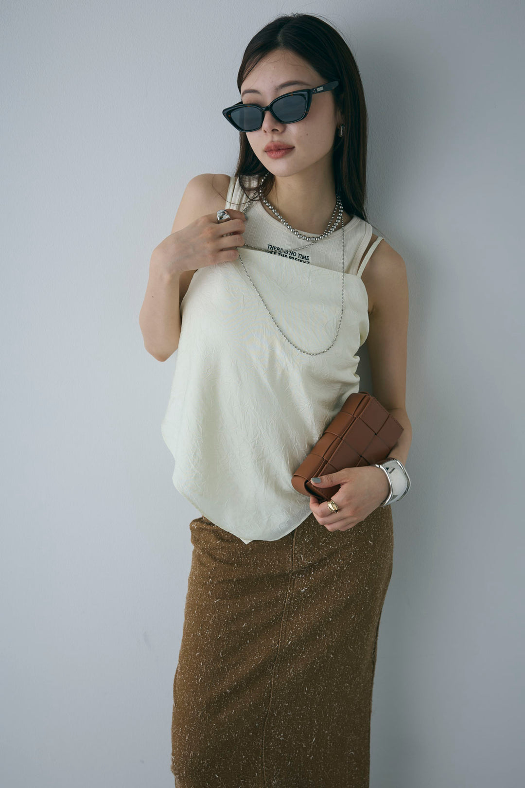 [予約/SET]リブロゴタンク+スカーフ風バックリボンキャミソール+ネップツイルストレートスカート(3set)