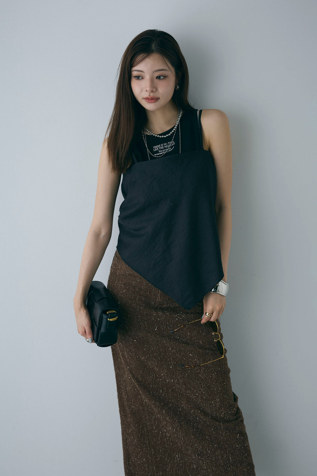 [予約/SET]リブロゴタンク+スカーフ風バックリボンキャミソール+ネップツイルストレートスカート(3set)